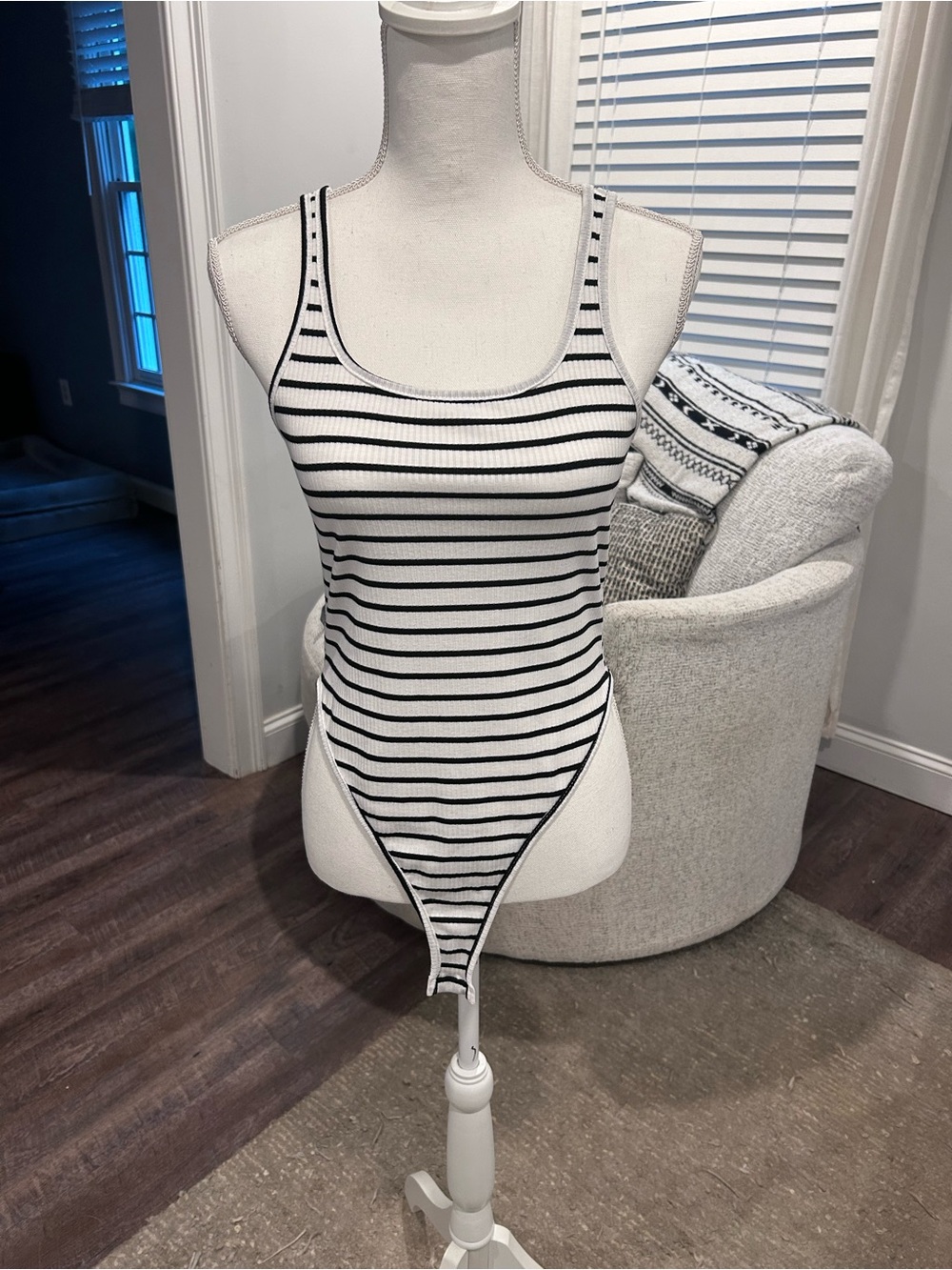 Black & White Striped Ribbed Tank Bodysuit